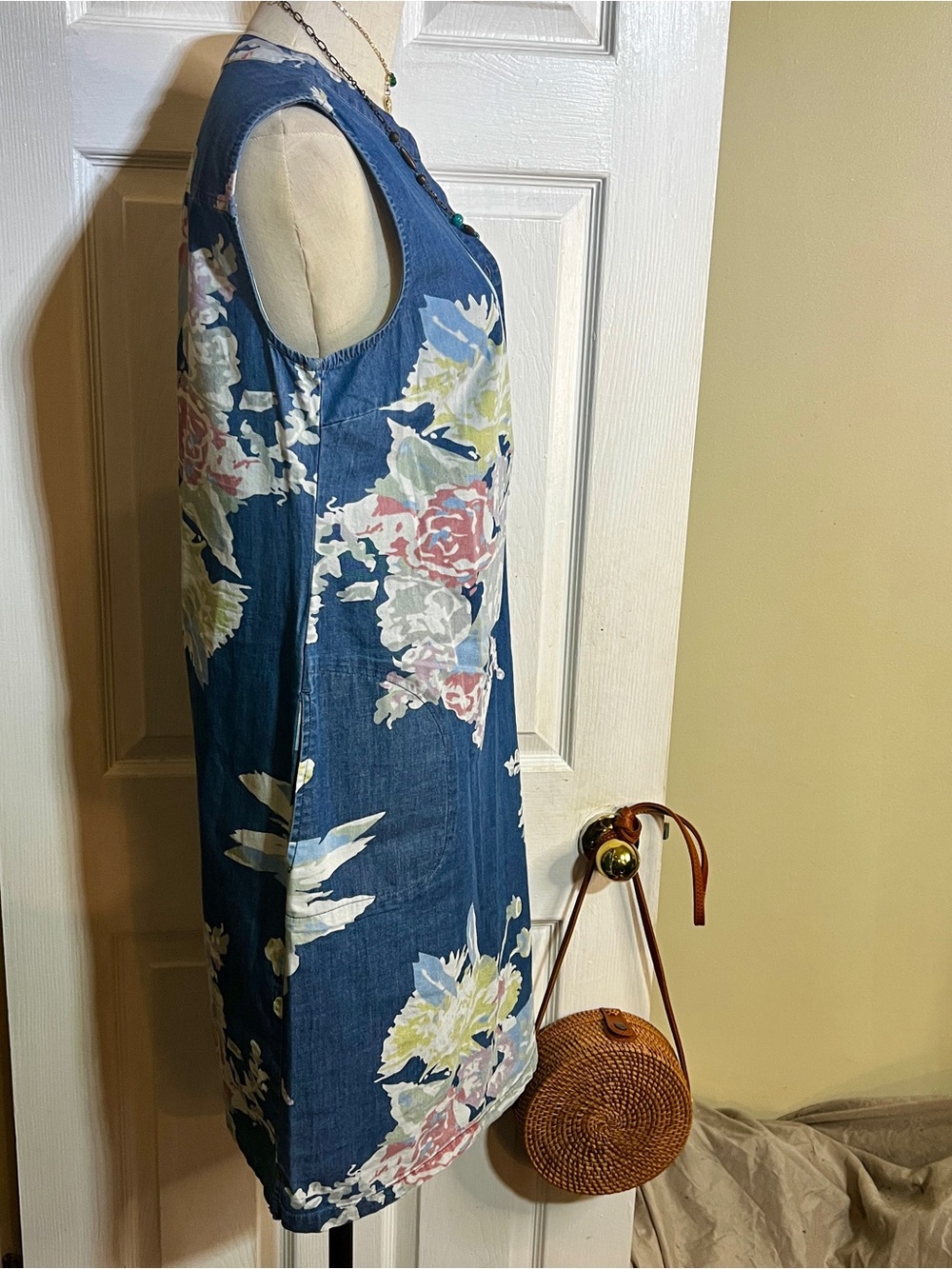 Denim&Co Wms Blue Cotton Stretch Floral Sleeveless Preppy Casual Summer Dress S - Picture 7 of 13